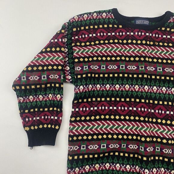 VTG Lands End Colorful Nordic Fair Isle Sweater 100% Cotton 3/4 Sleeve Sz S - Picture 3 of 9